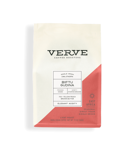 Verve Coffee Roasters - Biftu Gudina - 12oz - Single Origin - Limu, Ethiopia - Process: Washed - Variety: Ethiopian Heirloom - Tasting Notes: Fig, Yellow Peach, Brown Butter - Elegant Acidity - East Africa - Seasonal - Direct Trade - Light Roast - Whole Bean Coffee