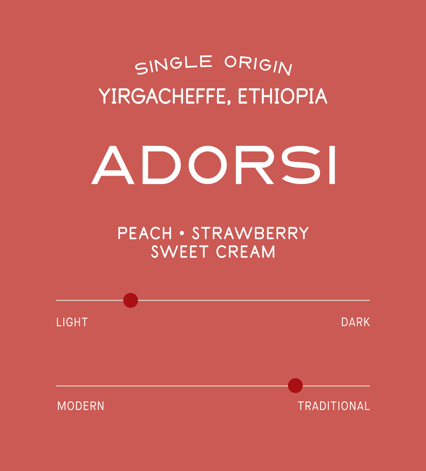 Verve Coffee Roasters - Adorsi - Single Origin - Yirgacheffe, Ethiopia - Process: Washed - Variety: Ethiopian Heirloom - Tasting Notes: Peach, Strawberry, Sweet Cream - Sweetly Layered - East Africa - Direct Trade - Seasonal - Whole Bean Coffee