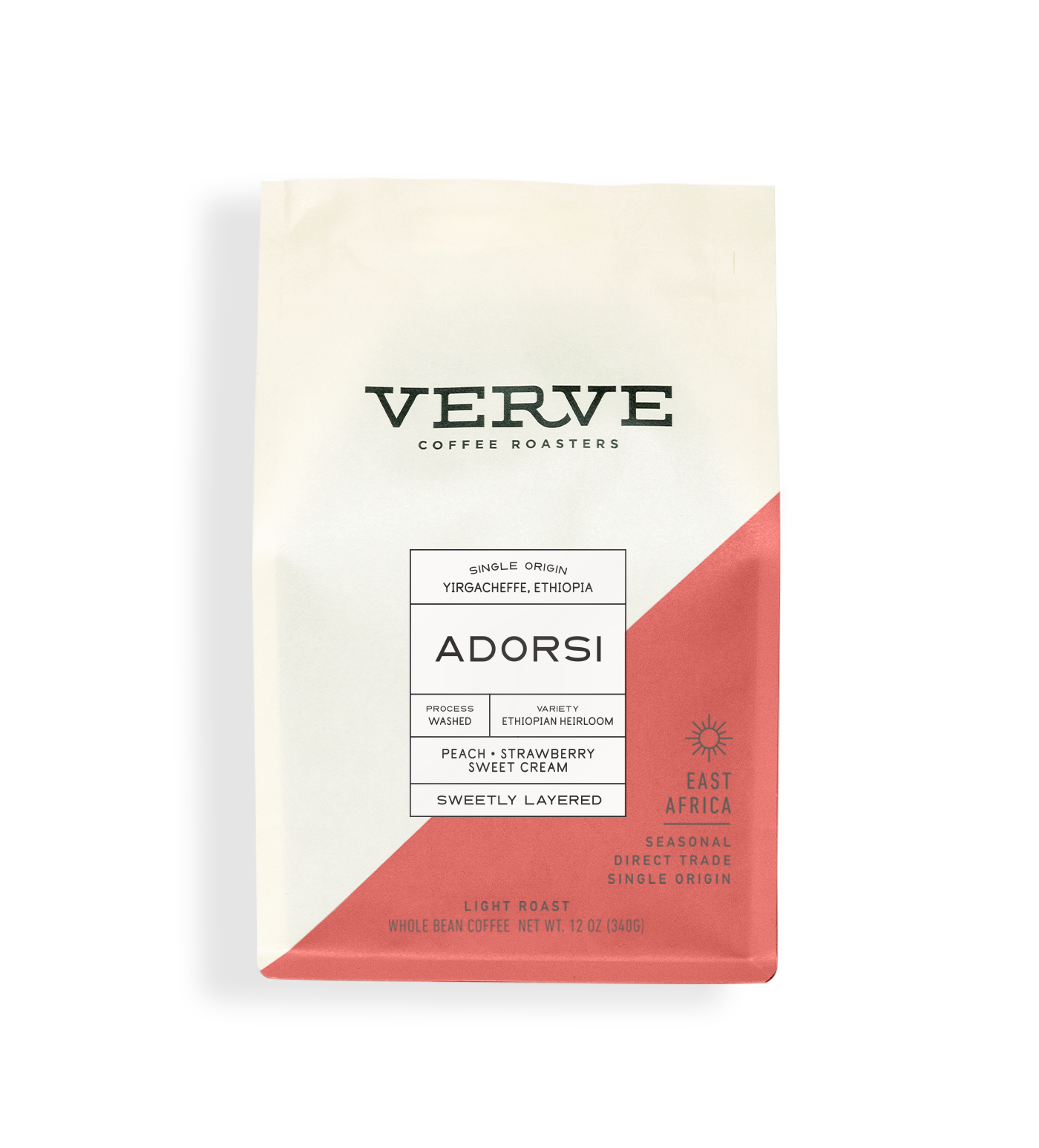 Verve Coffee Roasters - Adorsi - Single Origin - Yirgacheffe, Ethiopia - Process: Washed - Variety: Ethiopian Heirloom - Tasting Notes: Peach, Strawberry, Sweet Cream - Sweetly Layered - East Africa - Direct Trade - Seasonal - Whole Bean Coffee