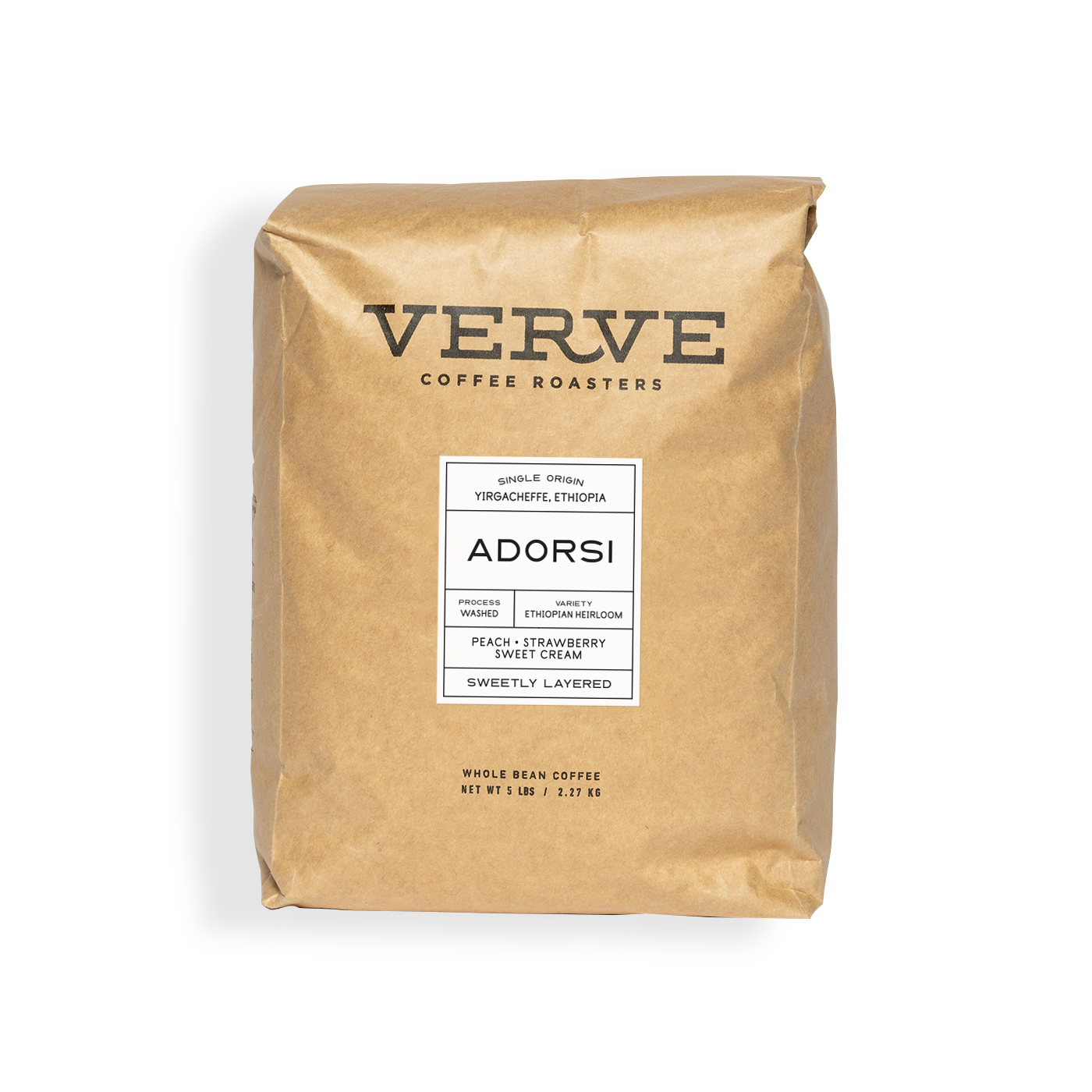 Verve Coffee Roasters - Adorsi - Single Origin - Yirgacheffe, Ethiopia - Process: Washed - Variety: Ethiopian Heirloom - Tasting Notes: Peach, Strawberry, Sweet Cream - Sweetly Layered - Whole Bean Coffee - 5 lbs / 2.27 kg