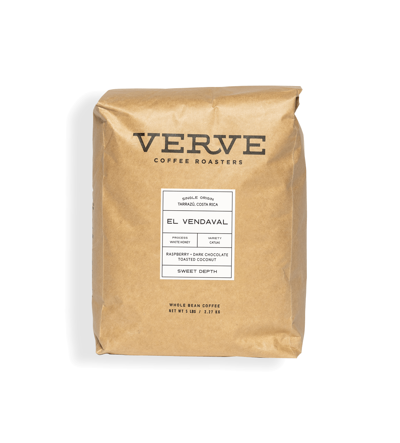 Verve Coffee Roasters - El Vendaval - 5lb - Single Origin - Tarrazu, Costa Rica - Process: White Honey - Variety: Catuai - Tasting Notes: Raspberry, Dark Chocolate, Toasted Coconut - Sweet Depth - Whole Bean Coffee - 5 lbs / 2.27 kg