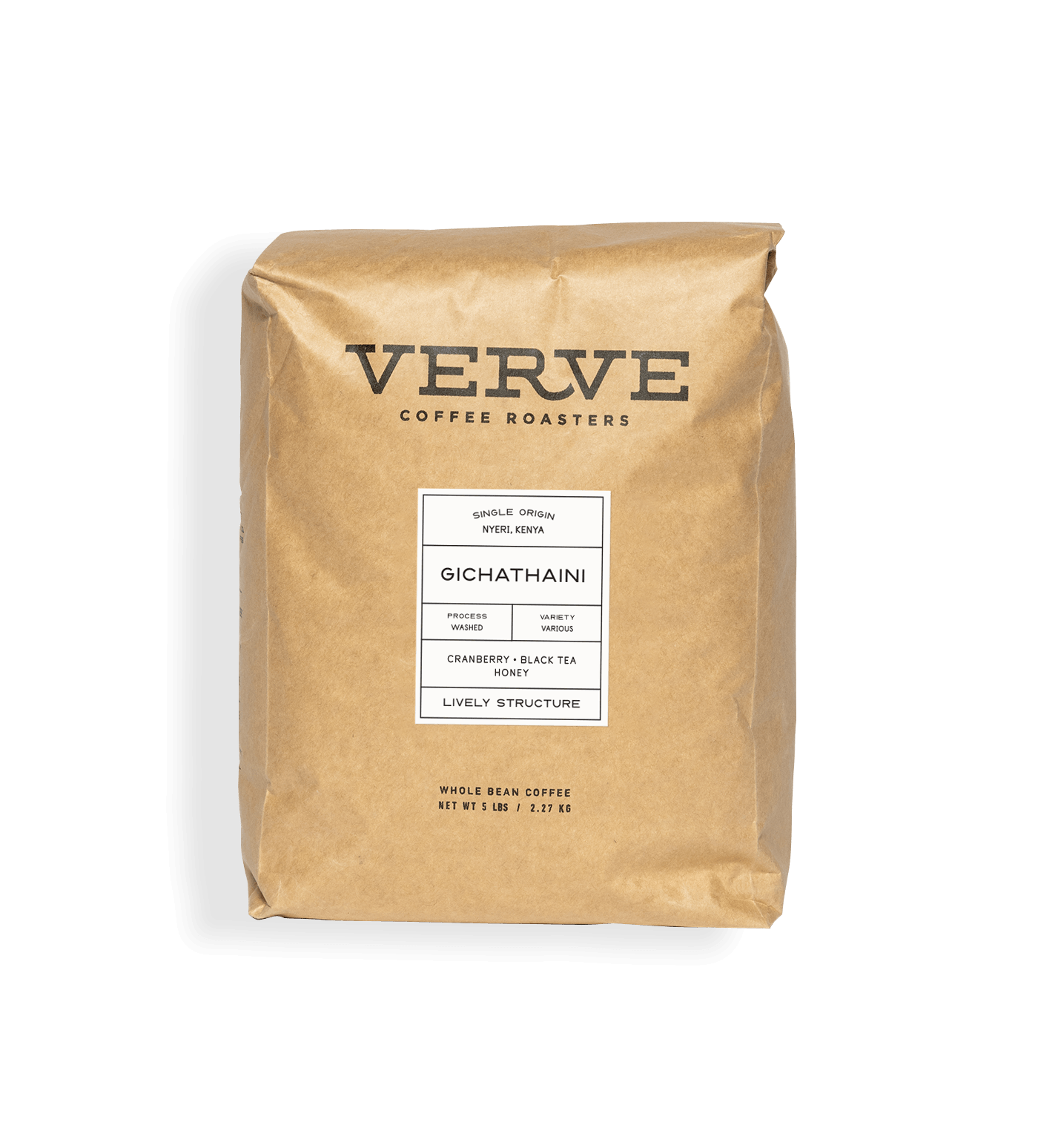 Verve Coffee Roasters - Gichathaini - 5lb - Single Origin - Nyeri, Kenya - Process: Washed - Variety: Various - Tasting Notes: Cranberry, Black Tea, Honey - Lively Structure - Whole Bean Coffee - 5 lbs / 2.27 kg