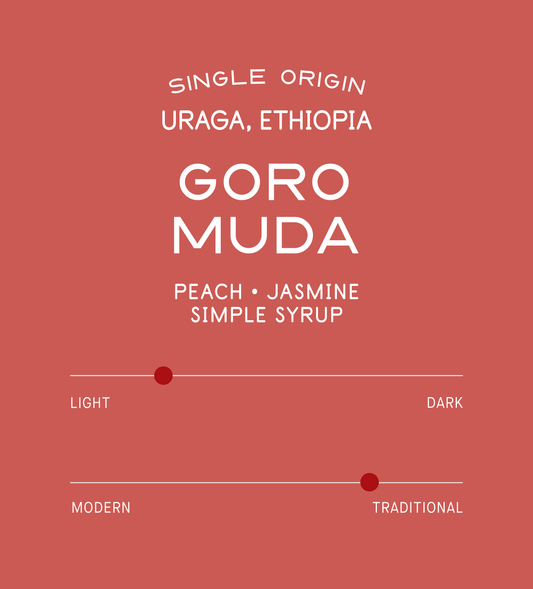 Verve Coffee Roasters - Goro Muda - Single Origin - Uraga, Ethiopia - Process: Washed - Variety: Ethiopian Heirloom - Tasting Notes: Peach, Jasmine, Simple Syrup - Layered Elegance - East Africa - Direct Trade - Seasonal - Whole Bean Coffee