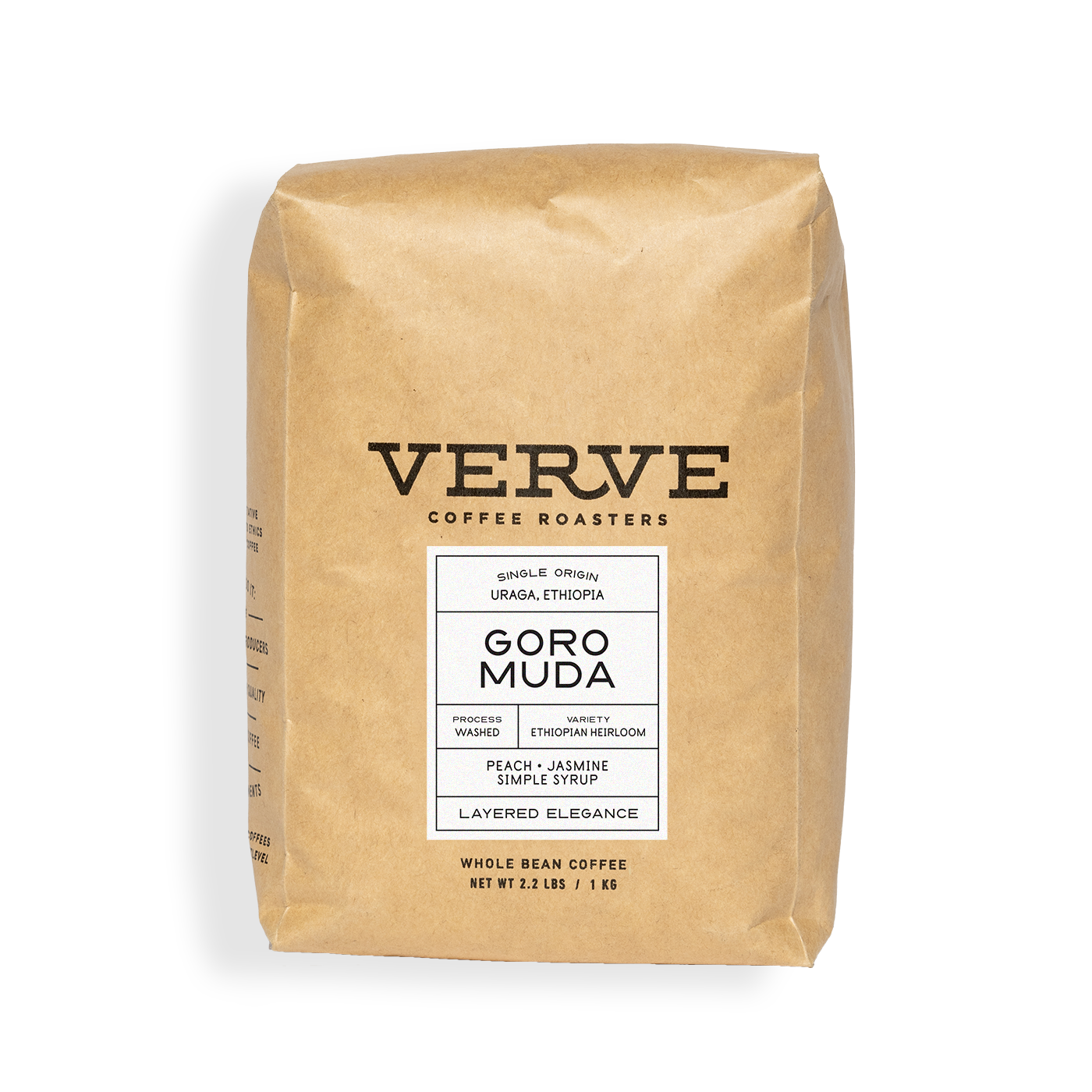 Verve Coffee Roasters - Goro Muda - Single Origin - Uraga, Ethiopia - Process: Washed - Variety: Ethiopian Heirloom - Tasting Notes: Peach, Jasmine, Simple Syrup - Layered Elegance - Whole Bean Coffee - 2.2 lbs / 1 kg