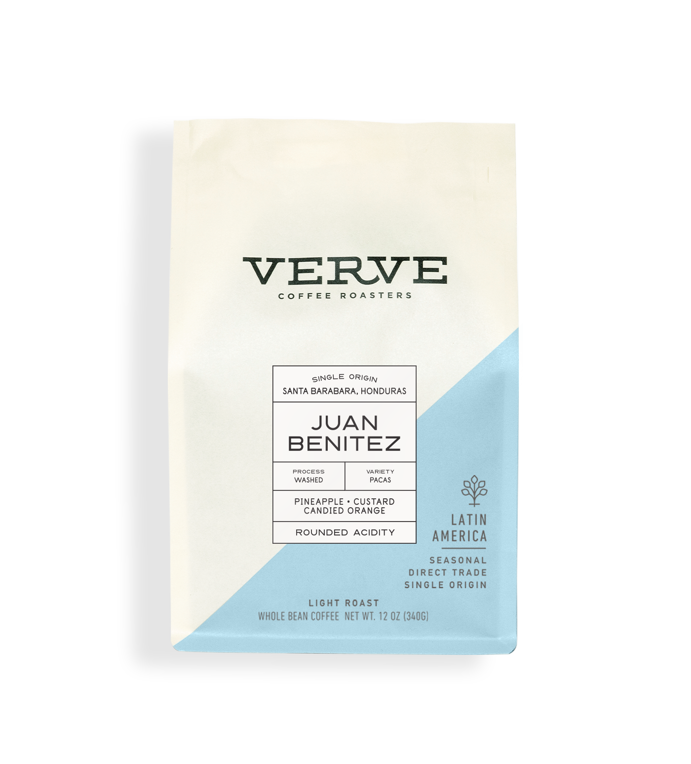 Verve Coffee Roasters - Juan Benitez - Single Origin - Santa Barbara, Honduras - Process: Washed - Variety: Pacas - Tasting Notes: Pineapple, Custard, Candied Orange - Rounded Acidity - Latin America - Direct Trade - Seasonal - Whole Bean Coffee