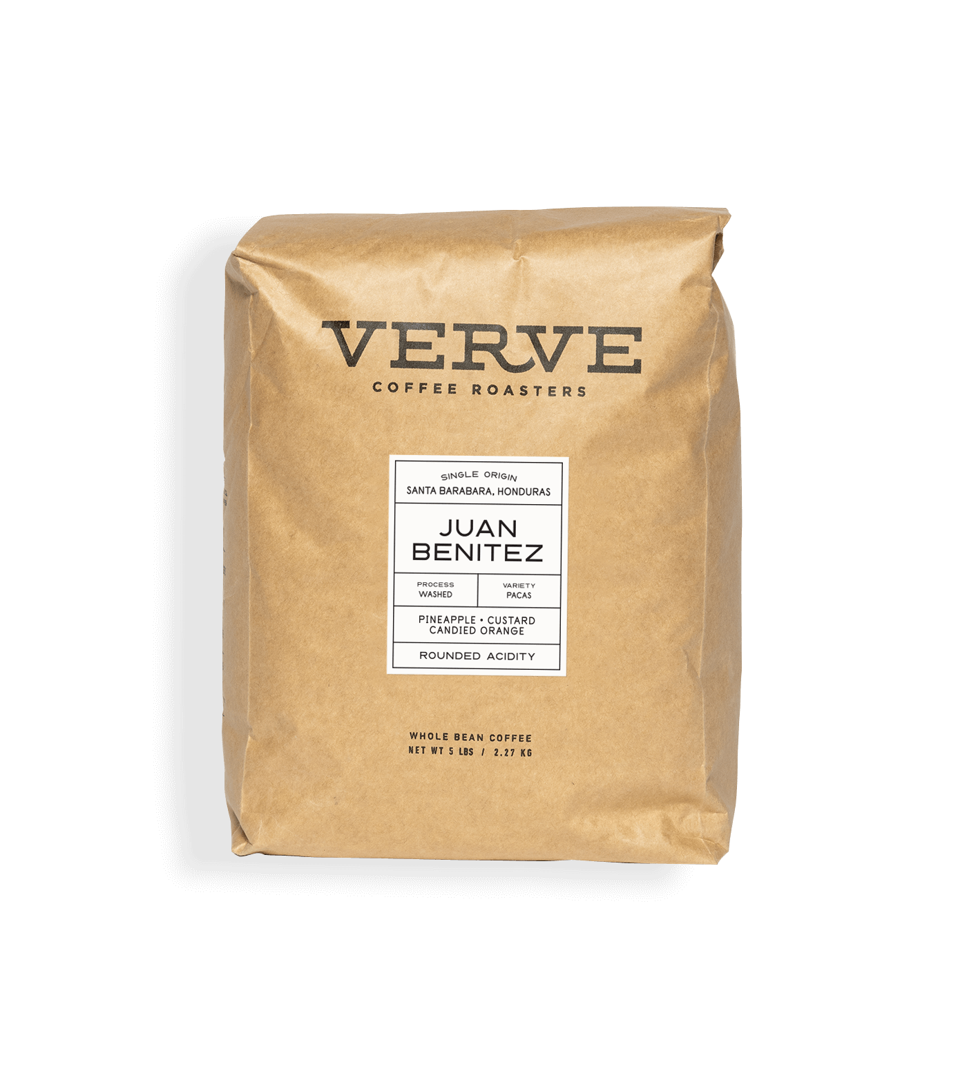 Verve Coffee Roasters - Juan Benitez - Single Origin - Santa Barbara, Honduras - Process: Washed - Variety: Pacas - Tasting Notes: Pineapple, Custard, Candied Orange - Rounded Acidity - Whole Bean Coffee - 5 lbs / 2.27 kg