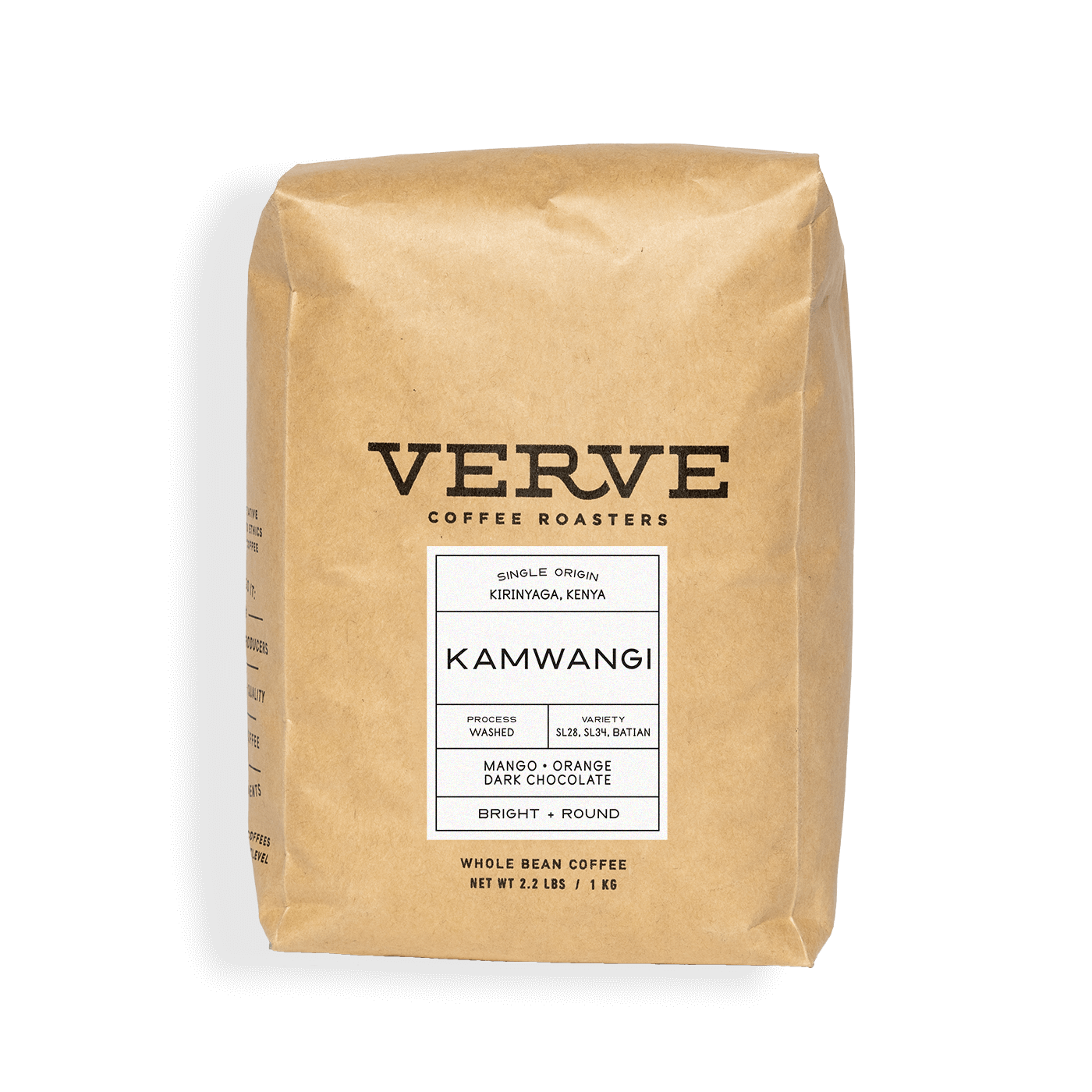 Verve Coffee Roasters - Kamwangi - Single Origin - Kirinyaga, Kenya - Process: Washed - Variety: SL28, SL34, Batian - Tasting Notes: Mango, Orange, Dark Chocolate - Bright + Round - Whole Bean Coffee - 2.2 lbs / 1 kg