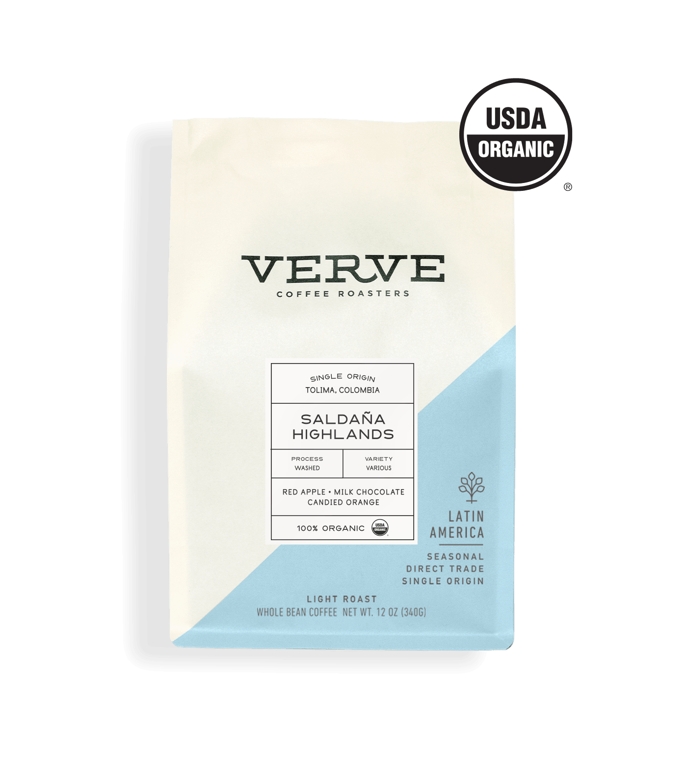 Verve Coffee Roasters - Saldana Highlands - 12oz - Single Origin - USDA Organic - Tolima, Colombia - Process: Washed - Variety: Various - Tasting Notes: Red Apple, Milk Chocolate, Candied Orange - 100% Organic - Latin America - Seasonal - Direct Trade - Light Roast - Whole Bean Coffee
