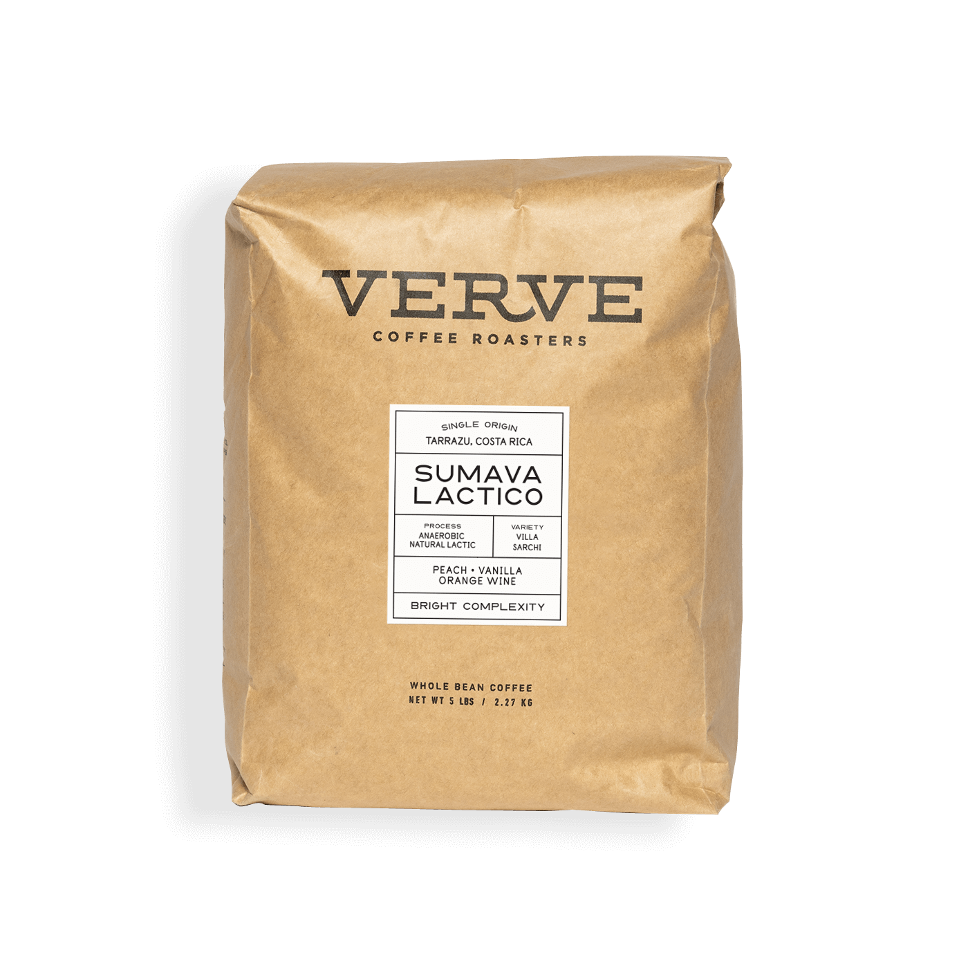 Verve Coffee Roasters - Sumava Lactico - Single Origin - Tarrazu, Costa Rica - Process: Anaerobic Natural Lactic - Variety: Villa Sarchi - Tasting Notes: Peach, Vanilla, Orange Wine - Bright Complexity - Whole Bean Coffee - 5 lbs / 2.27 kg